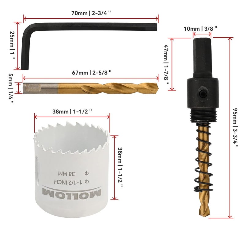 Mollom منشار ثقب ثنائي المعدن HSS M42 بقطر 38 مم | 1-1/2" مع 8% كوبالت مع 2 بت حفر وعمود لتقطيع سلس للـ PVC، الجبس، الخشب، البلاستيك، لوح الجبس، المطاط - Image 2
